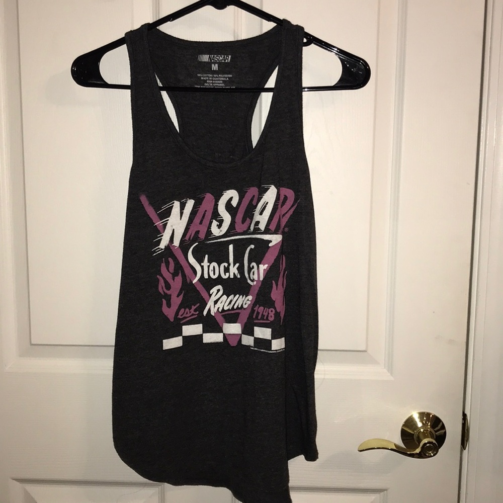 Razor back tank top. Grey, white, and purple/pink